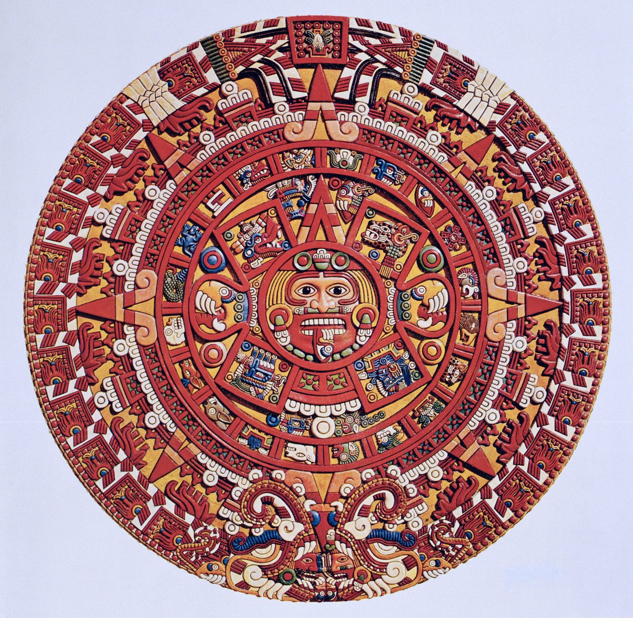 Imaginær genskabelse af en aztekisk solstenskalender (se også 115255), Late Post Classic Period (litografi) af Aztec