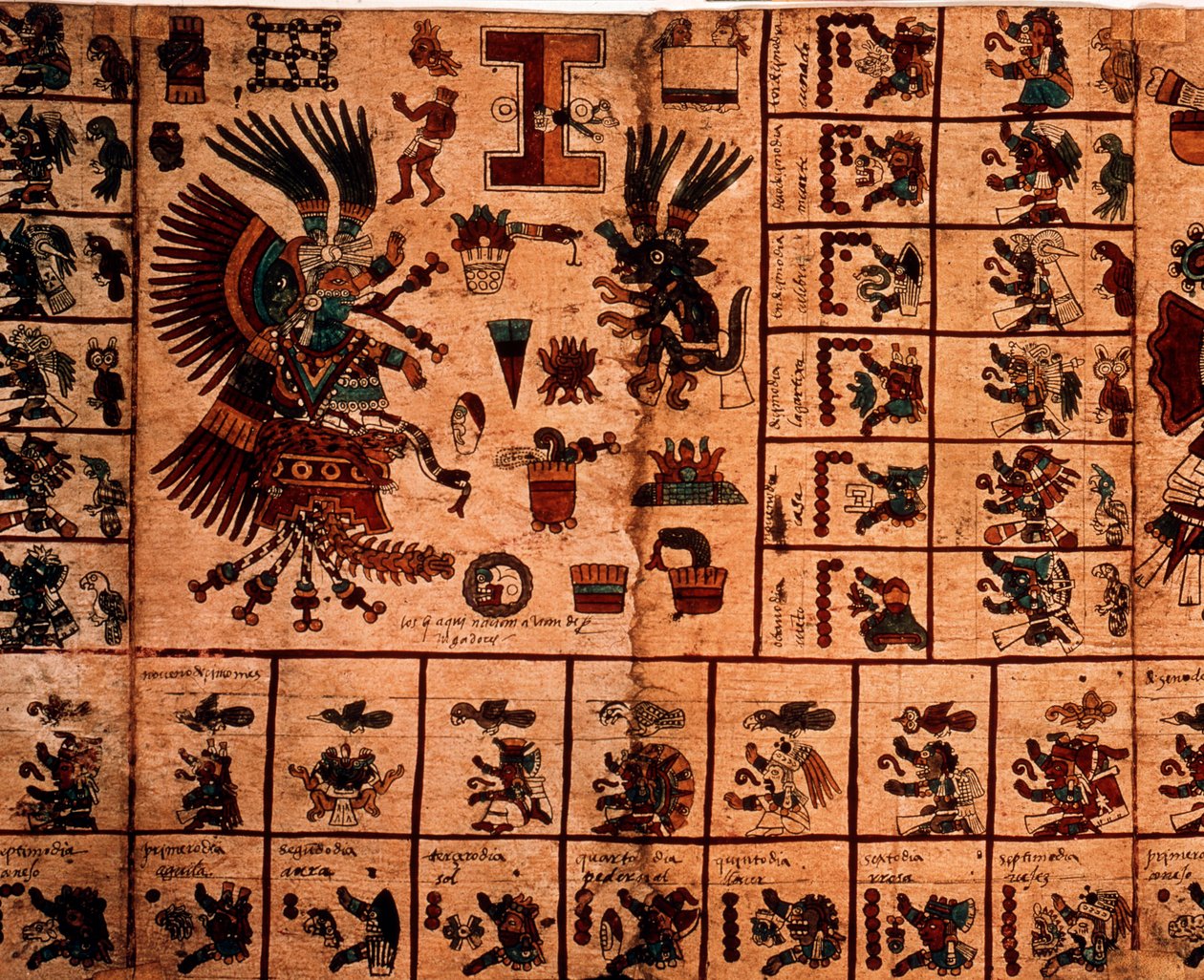 Repræsentation af aztekiske guder og kasser svarende til kalenderen. Side af det aztekiske manuskript på bark "Codex Borbonicus"", præcolombiansk indfødt codex i det centrale Mexico, slutningen af det 15. århundrede. Nationalforsamlingens bibliotek (Palais af Aztec