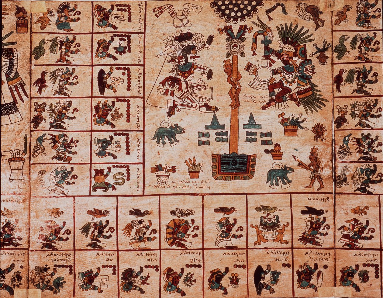 Repræsentation af aztekiske guder og kasser svarende til kalenderen. Side af det aztekiske manuskript på bark "Codex Borbonicus"", præcolombiansk indfødt codex i det centrale Mexico, slutningen af det 15. århundrede. Nationalforsamlingens bibliotek (Palais af Aztec