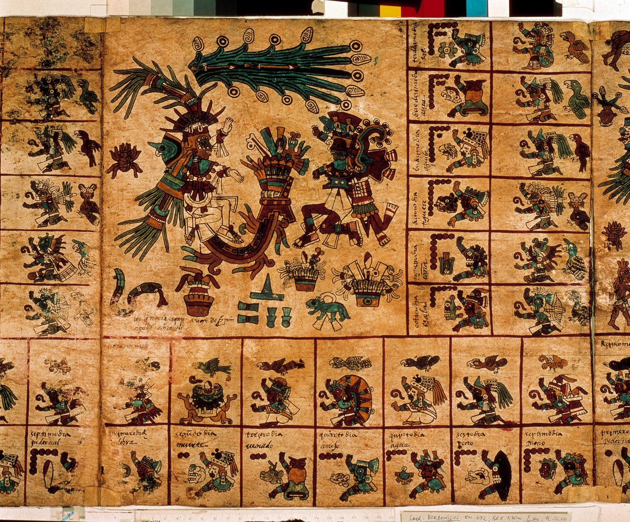 Repræsentation af aztekiske guder og kasser svarende til kalenderen. Side af det aztekiske manuskript på bark "Codex Borbonicus"", præcolombiansk indfødt codex i det centrale Mexico, slutningen af det 15. århundrede. Nationalforsamlingens bibliotek (Palais af Aztec
