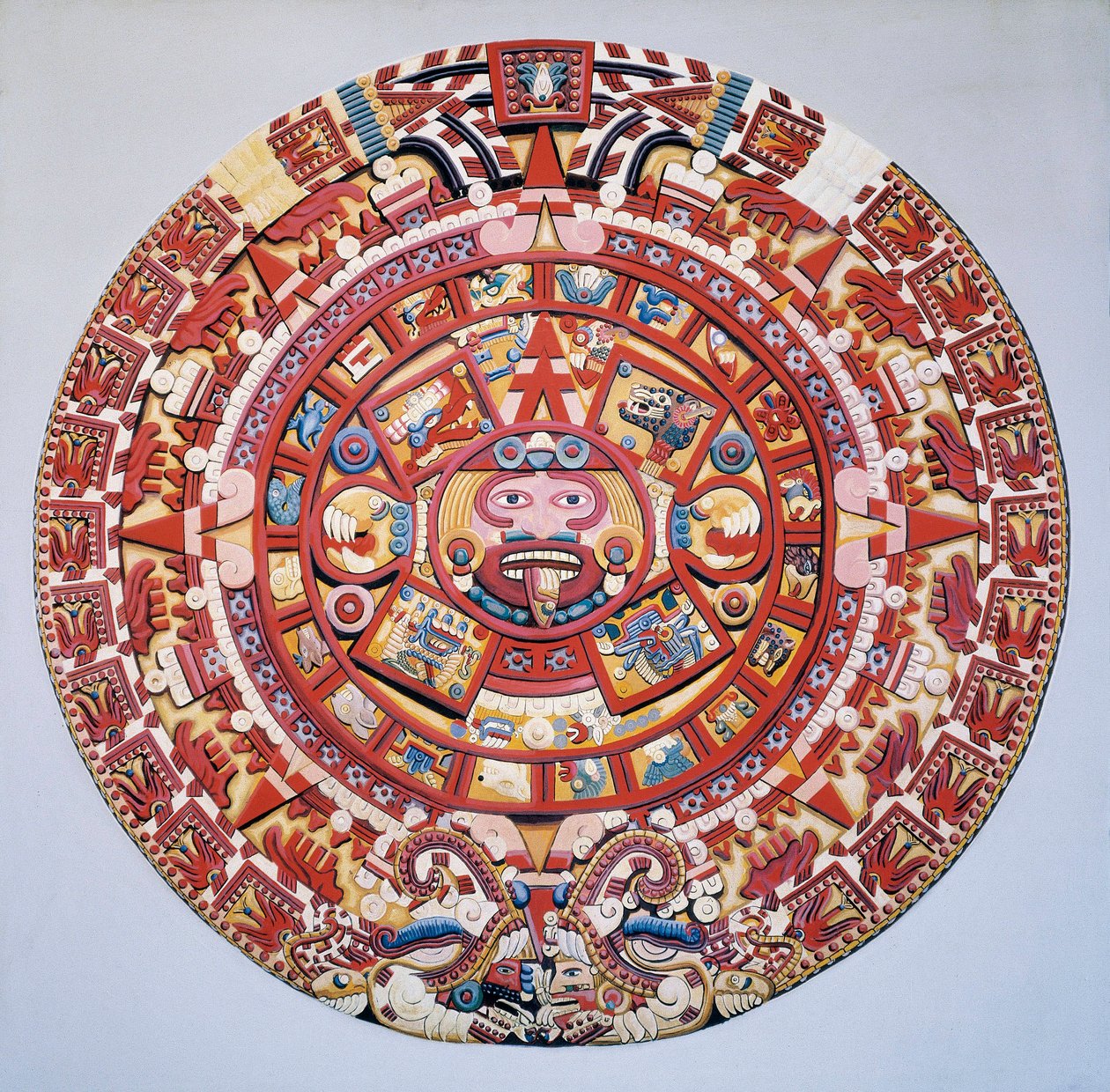Præcolumbiansk civilisation: Aztekernes kalender (Solens sten): skive, der repræsenterer den aztekiske kalender og kosmogonien (Tonalpohualli) af Aztec Aztec