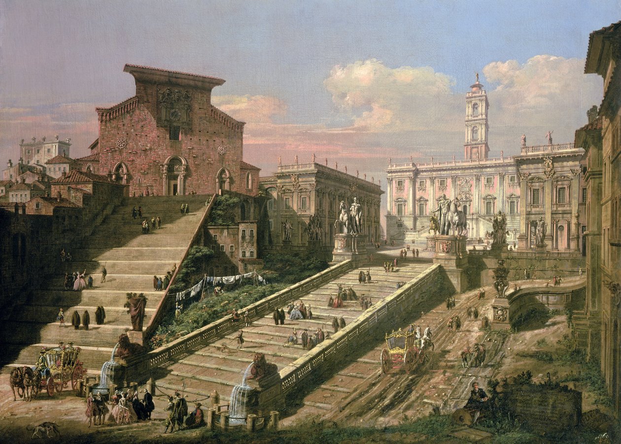 Piazza del Campidoglio og kirken S. Mario dAracoeli, Rom af B. and Bellotto, L. Bellotto