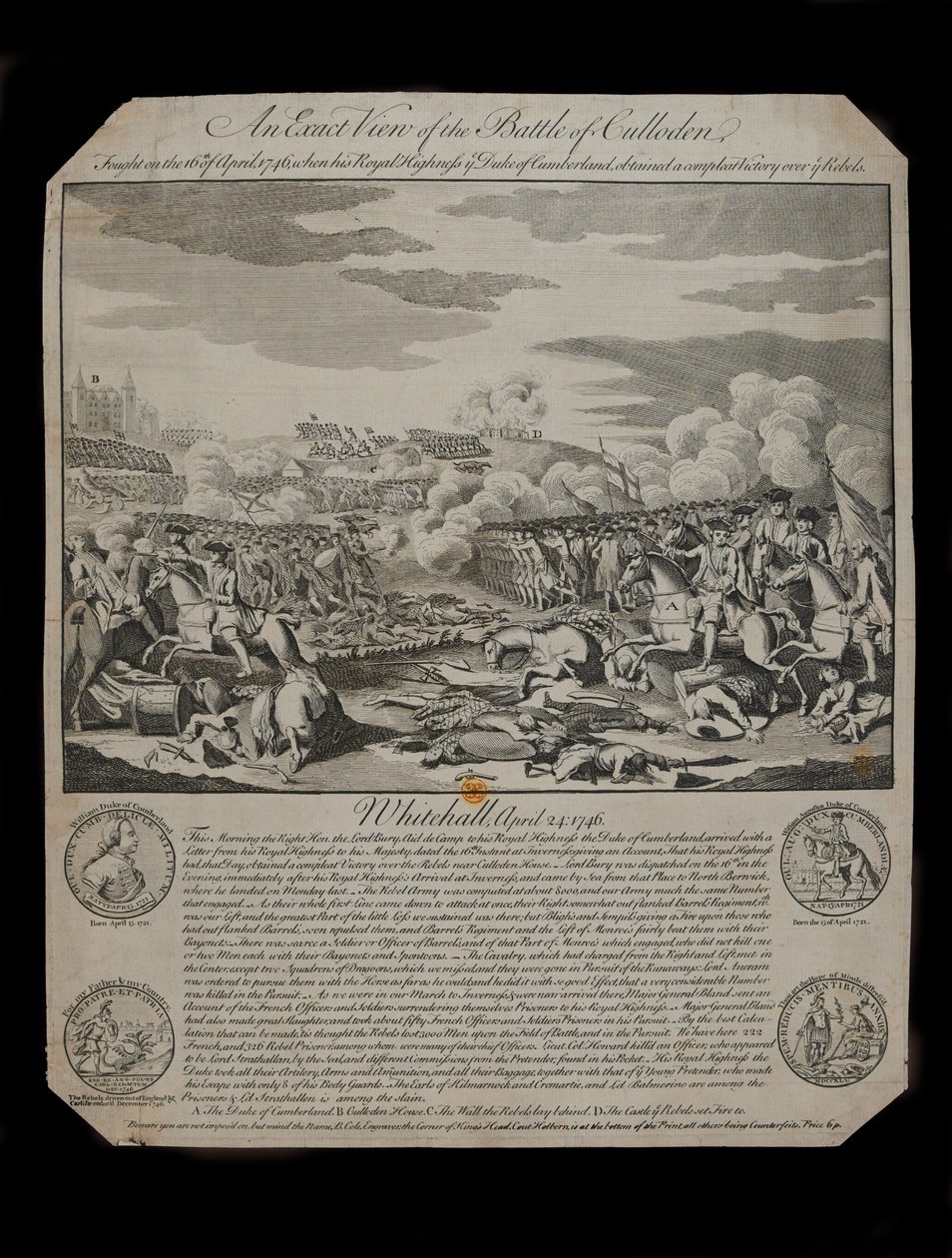 En nøjagtig udsigt over slaget ved Culloden, udgivet af B. Cole, ved hjørnet af kongens hoved, Holborn, London, 1746 af B. Cole