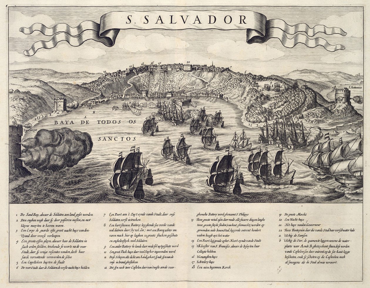 Udsigt over slaget om byen San Salvador i All Saints Bay mellem hollænderne og portugiserne i 1624 af B. Elsevier