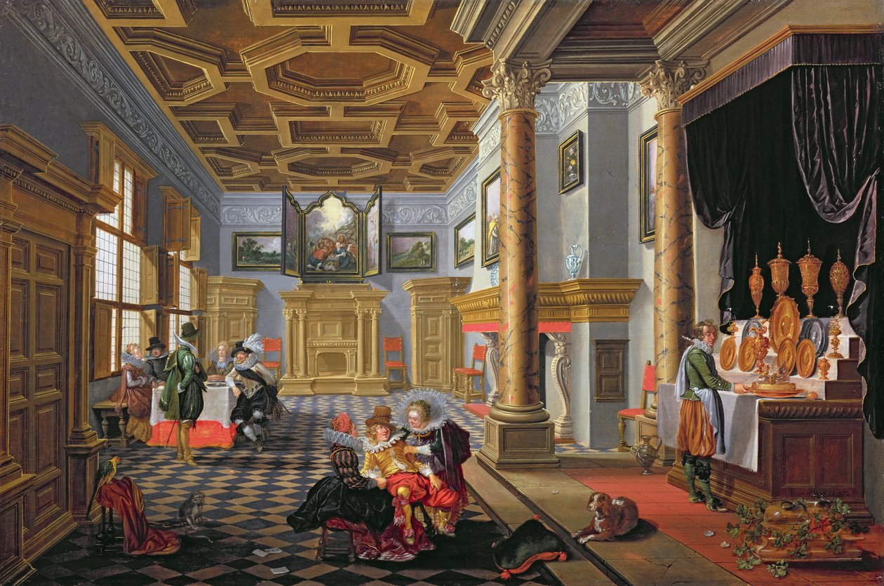 Elegante figurer, der spiser i et høvisk interiør af B. van and Velde, E. van de Bassen