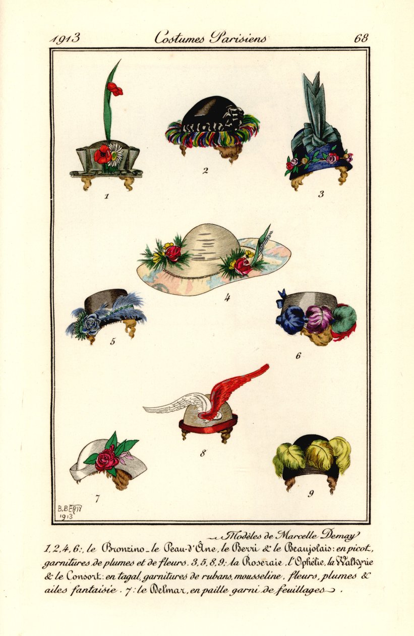 Damehattedesign af milliner Marcelle Demay. Modeller af Marcelle Demay. Håndfarvet pochoir (stencil) radering efter en illustration af B. Berty fra Tommaso Antonginis Journal des Dames et des Modes, Aux Bureaux du Journal des Dames, Paris af B Berty