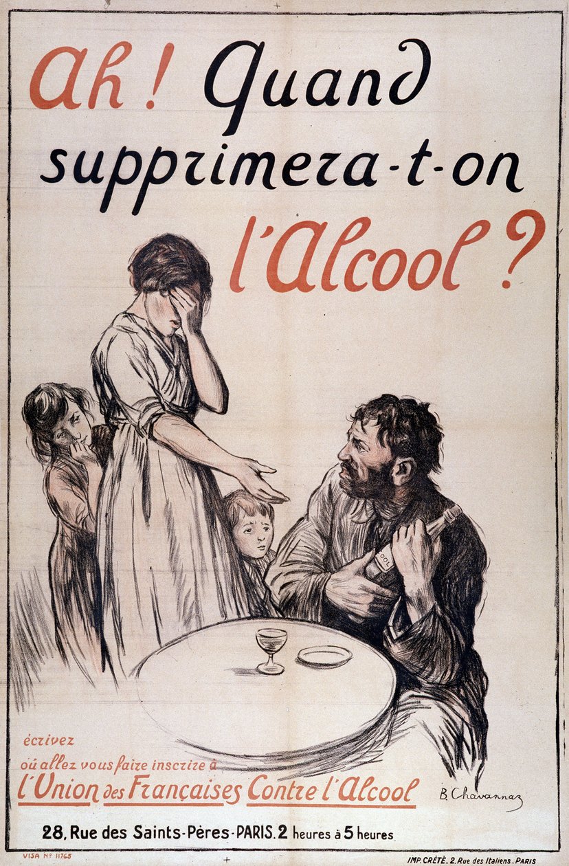 Alkoholisme: "Hvornår fjernes alkohol?" c. 1910 (litografi) af B. Chavannaz