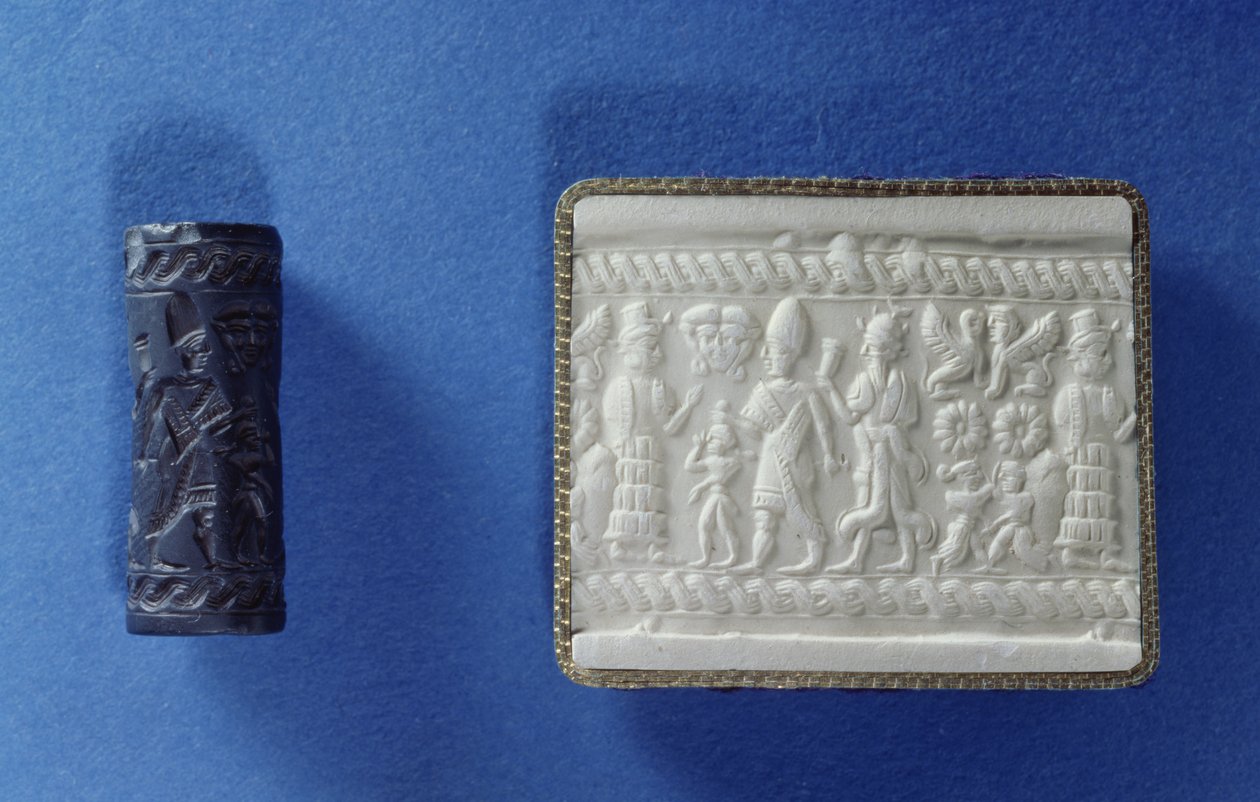 Cylinderforsegling og aftryk, muligvis babylonisk ca. 1700-tallet f.Kr. (udskåret sten og gips) af Babylonian