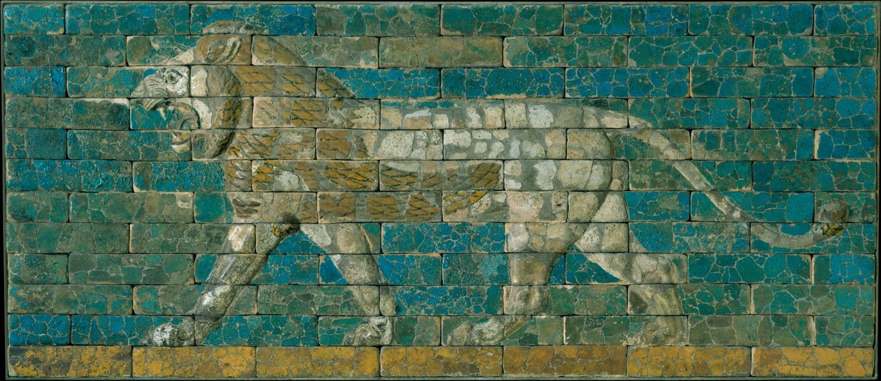 Panel med stridende løve, ca. 600-575 f.Kr. (glaseret keramik) af Babylonian