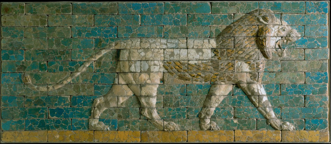 Panel med stridende løve, ca. 600-575 f.Kr. (glaseret keramik) af Babylonian