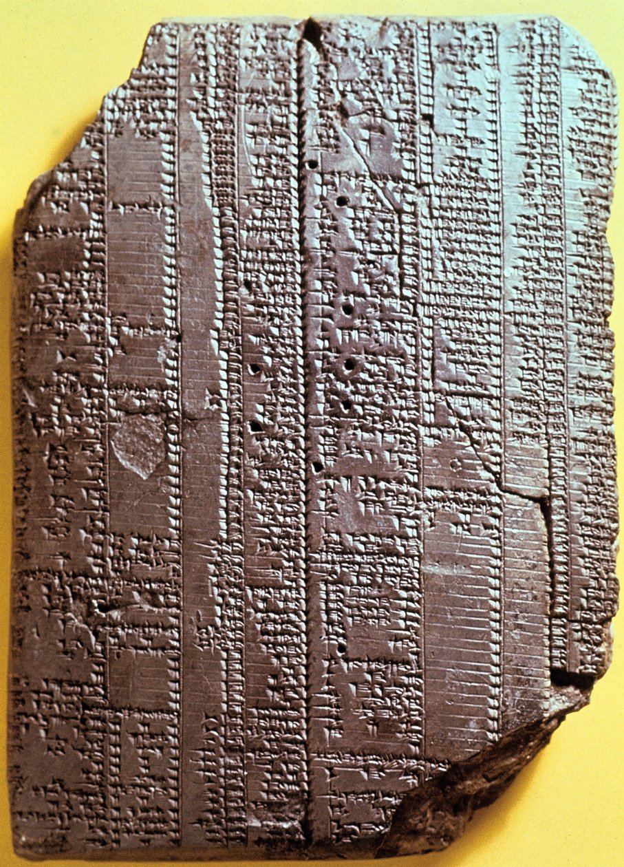 Babylonsk lertavle med tekst. 7. århundrede f.Kr. Tabel med pensum. af Babylonian