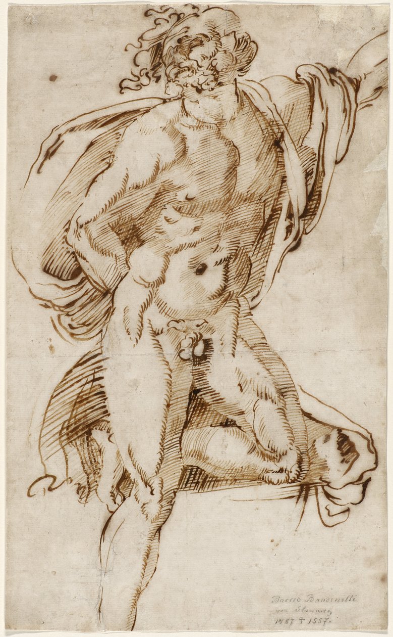 Nøgen mand, der læner sig på det ene knæ i en kontraposto-stilling (undersøgelse relateret til Laocoön), ca. 1520-25 (pen og jerngalblæk på lagt papir) af Baccio Bandinelli