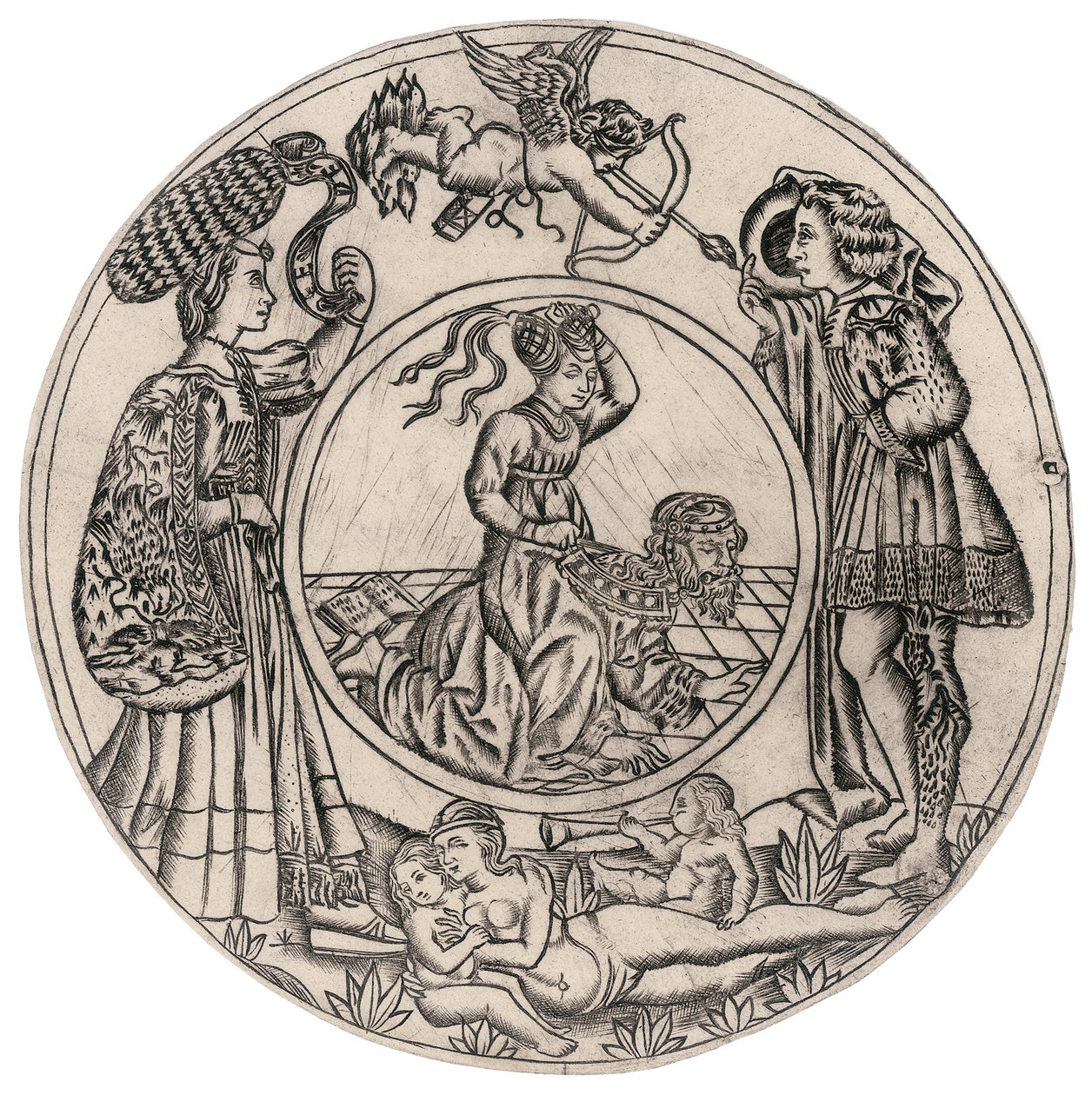 Aristoteles og Phyllis, omgivet af en ung mand og kvinde med Eros, og en tilbagelænet nøgen kvinde med to børn, anden halvdel af det 15. århundrede (gravering) af Baccio (circle of) Baldini