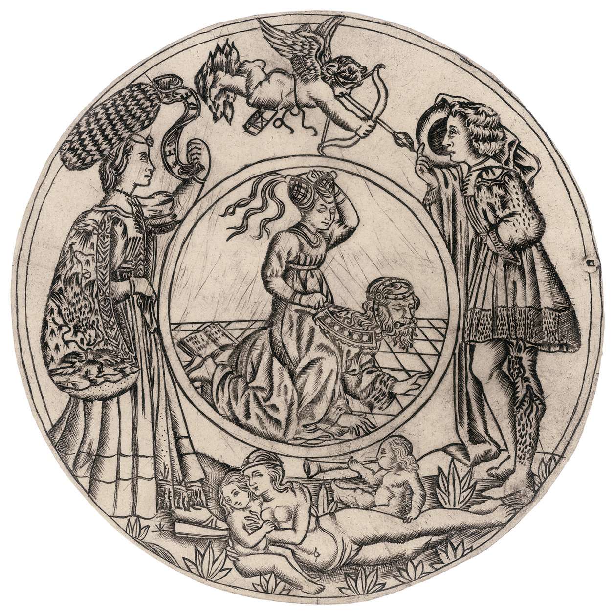 Aristoteles og Phyllis, omgivet af en ung mand og kvinde med Eros, og tilbagelænet nøgen kvinde med to børn, anden halvdel af det 15. århundrede af Baccio Baldini