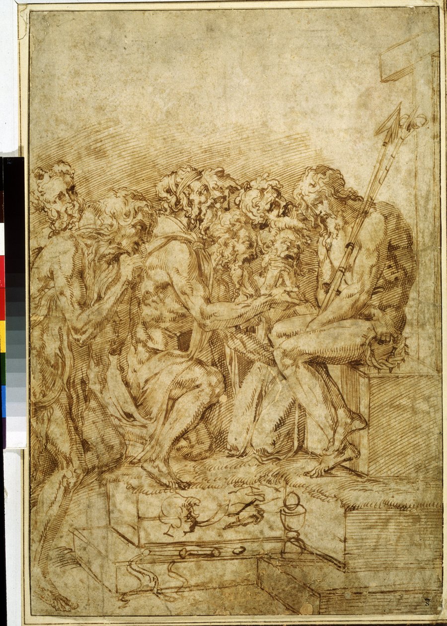""Kristus med symboler af lidenskaben omgivet af syv figurer"" (Kristus med symboler af lidenskaber overværet af syv figurer) Tegning med brunt blæk af Baccio Bandinelli (1493-1560) 16. århundrede Pushkin Museum Moskva af Baccio Bandinelli