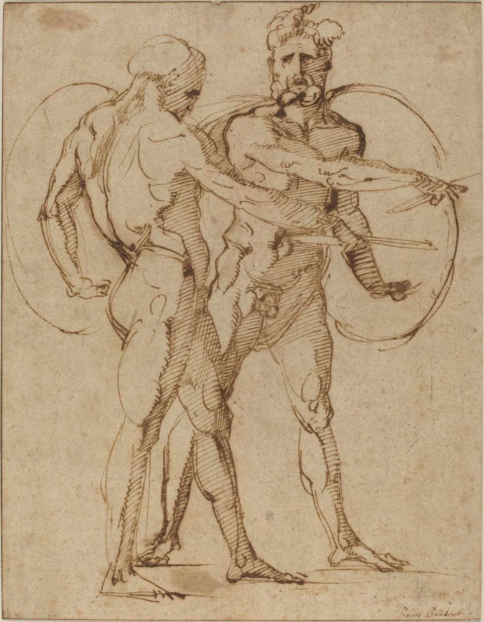 To mandlige nøgenbilleder, ca. 1520 (pen og brunt blæk på lagt papir) af Baccio Bandinelli