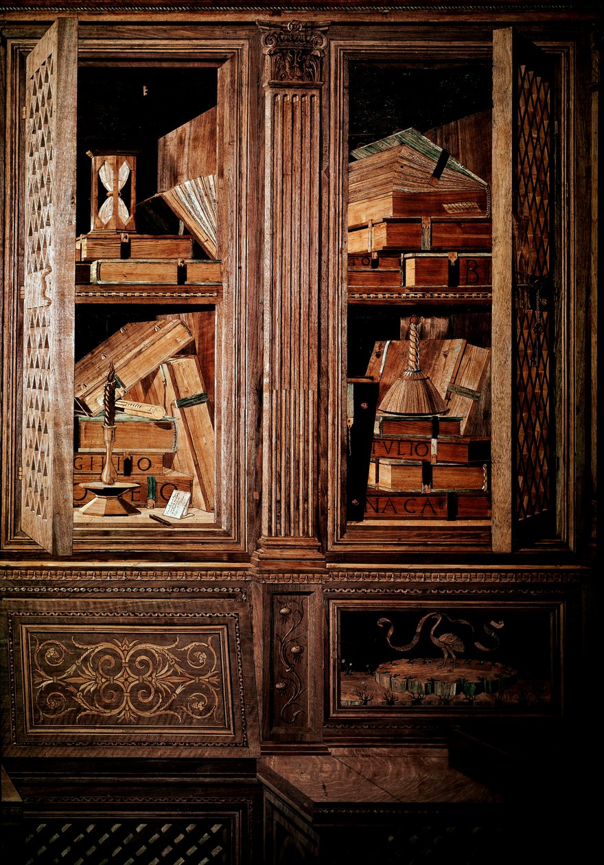 Studiolo af hertug Frederik III af Montefeltre, hertug af Urbino (Urbino), på italiensk Federico III da Montefeltro (1422-1482). Detalje, træmosaik legno, lister udført af Baccio Pontelli (1450-92) efter tegninger af Mariano dei Filipepi dit Sandro af Baccio Pontelli