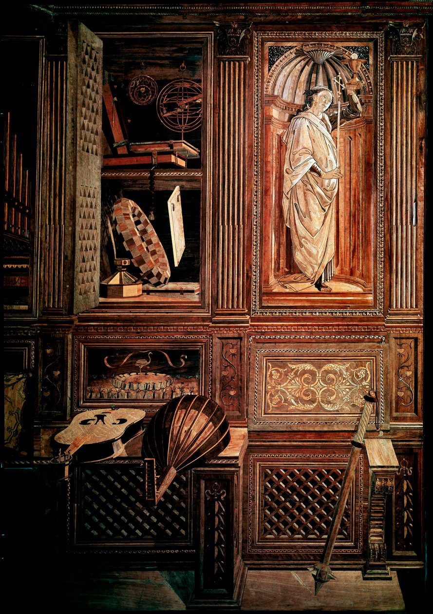 Studiolo af hertug Frederik III af Montefeltre, hertug af Urbino (Urbino), på italiensk Federico III da Montefeltro (1422-1482). Detalje med repræsentation af en mazzocchio. Legno træmosaik, lister udført af Baccio Pontelli (1450-92) efter tegninger af af Baccio Pontelli