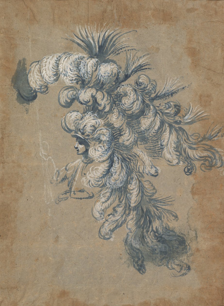 Design til en overdådig hovedbeklædning med fjer, ca. 1620-56. af Baccio del Bianco