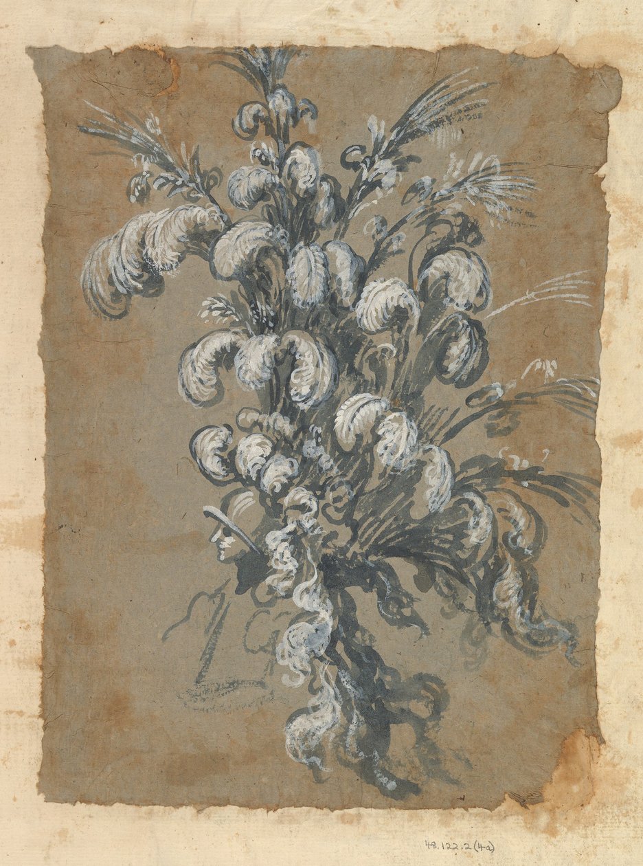 Design til en overdådig hovedbeklædning med fjer på en hjelm, ca. 1620-56. af Baccio del Bianco