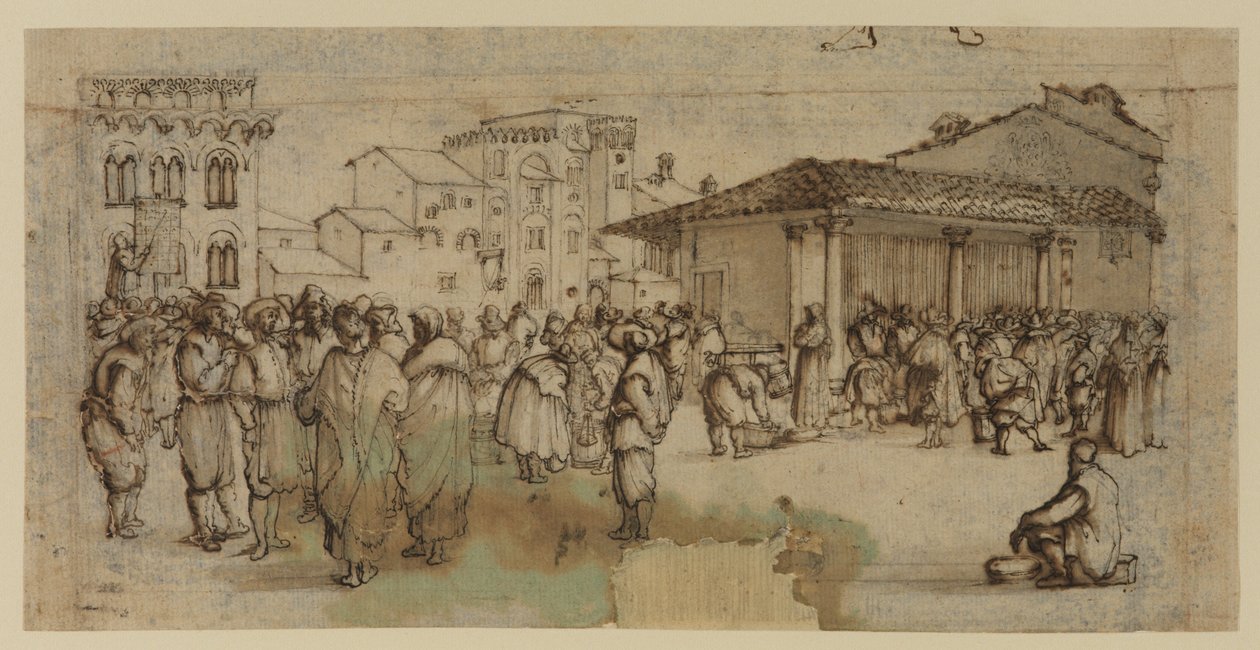 Markedsplads i Firenze, med figurer (kridt, pen og blæk, og vask på papir) af Baccio del Bianco