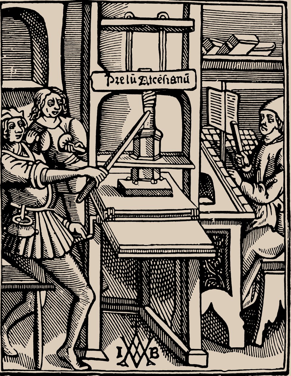Prelum Ascensianum: printerens enhed med trykpressen på arbejde, 1508. af Badius
