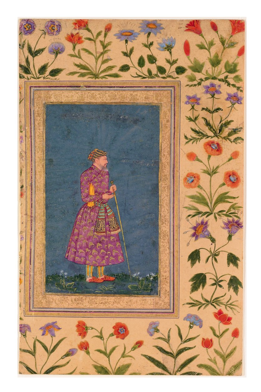 Portræt af Mughal Grandee, stående, ca. 1640 (ugennemsigtig akvarel & guld på papir) af Bahadur Ilyas