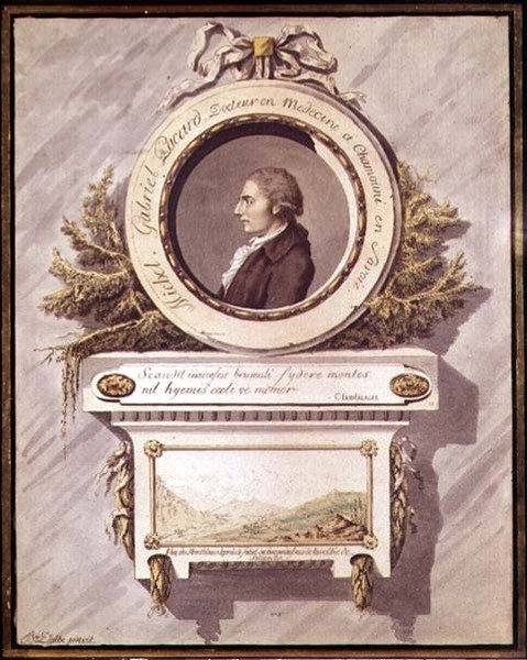 Michel Gabriel Pacard, læge fra Chamonix, Savoie med udsigt over Mont Blanc fra Sallenche-dalen, 1700-tallet (wc) af Bailer Dalbe