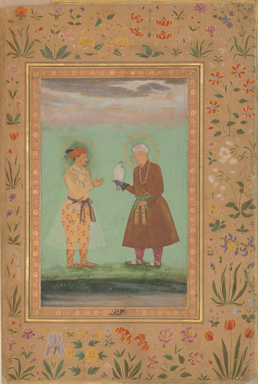 Jahangir og hans far, Akbar, Folio fra Shah Jahan Album, verso: ca. 1630 af Balchand