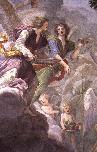 Kristus tjent af engle, detalje af engle og keruber af Baldassare  Franceschini