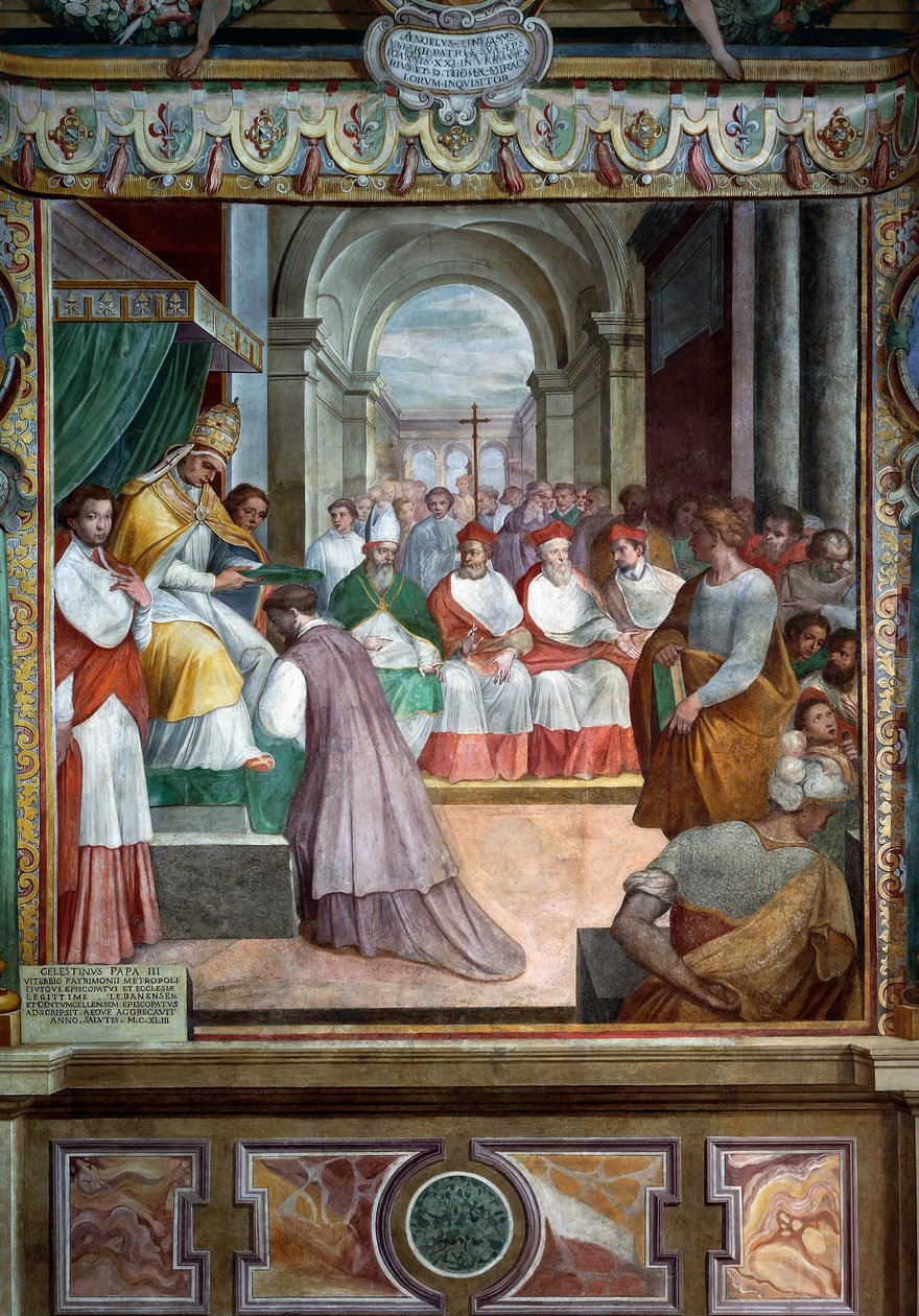 Celestine III indviede den første biskop af Viterbo i 1192, detaljer af fresker af Baldassare Croce af Baldassare Croce