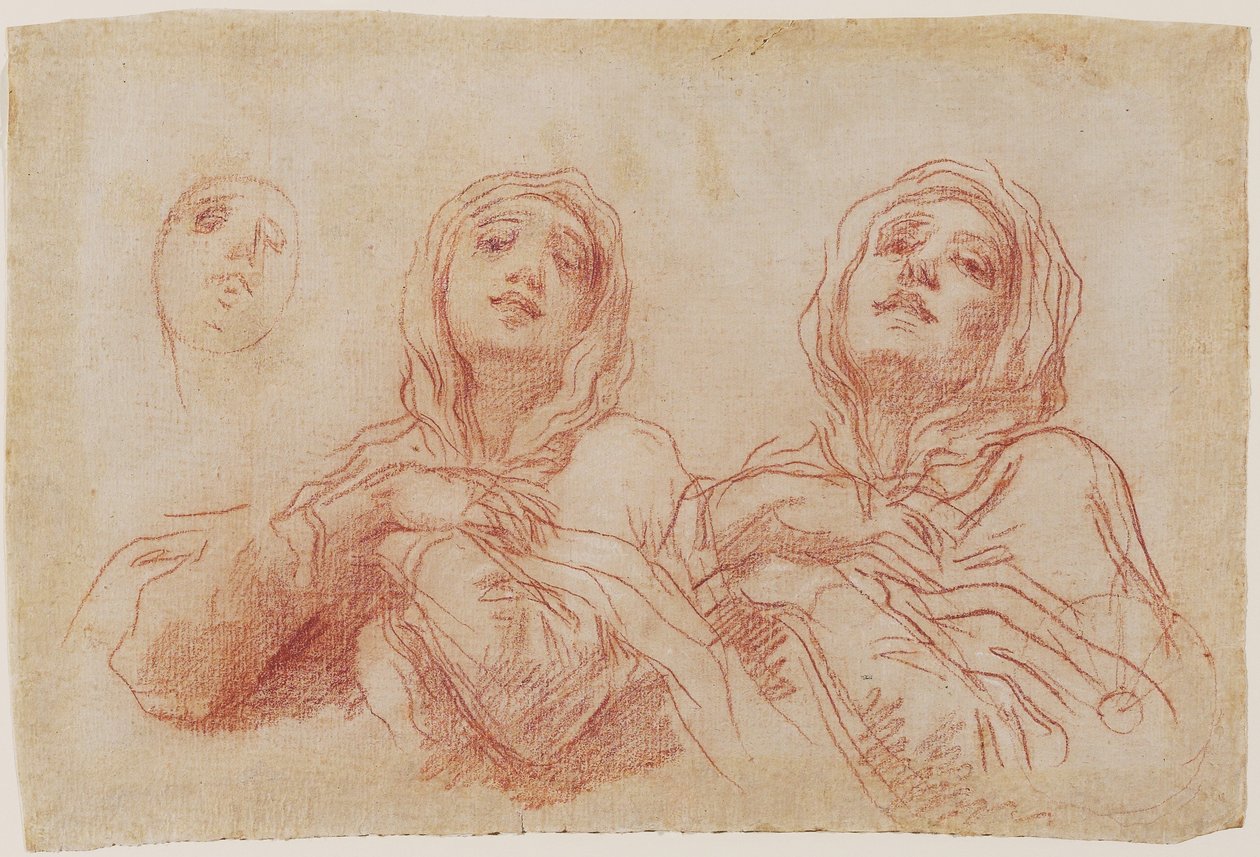 Studier til Jomfruhovedet, ca. 1680 (Rødkridt med spor af hvid kridtforstørrelse på bindet papir) af Baldassare Franceschini