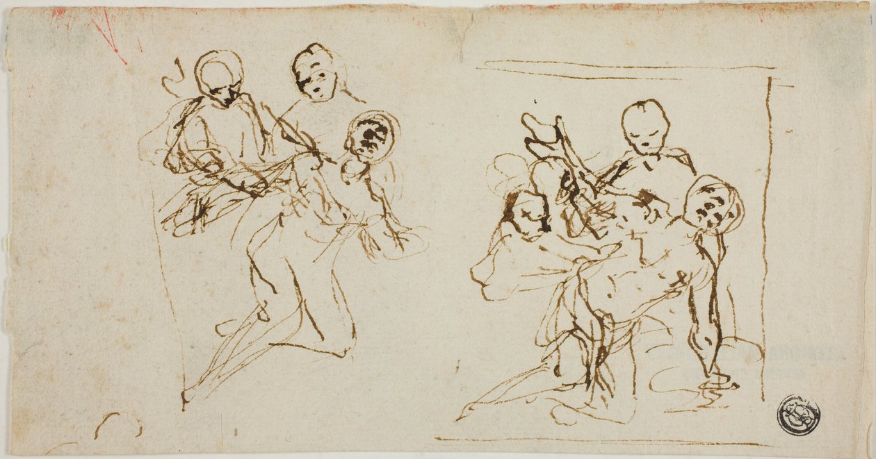 To kompositionsskitser af en sammenfaldende figur støttet af to andre figurer (recto); kompositionsskitse af en knælende figur ledsaget af to andre figurer af Baldassare Franceschini
