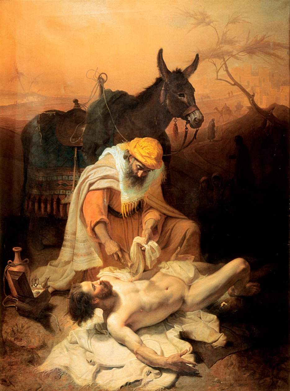 Evangeliets samaritan 1851 (olie på lærred) af Baldassare Verazzi