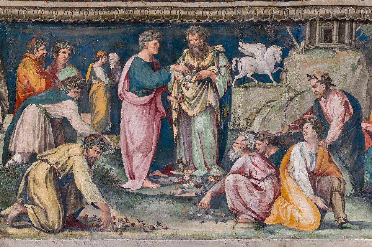Parnassus, med Pegasus og digtere af Baldassarre Peruzzi
