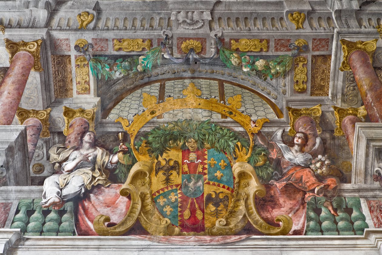 Detalje med gesims og allegoriske figurer i udsmykningen, Church of St Francis, Sassuolo, Italien af Baldassarre & Monti Giovanni Giacomo (1620 92) Bianchi