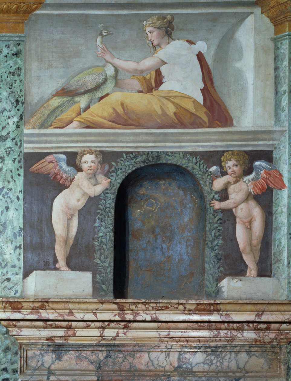 Sala delle Prospettive Hall of Perspective detalje af trompe loeil niche, der forestiller gudinden Juno med en påfugl, fresko fra 1518-19 af Baldassarre Peruzzi