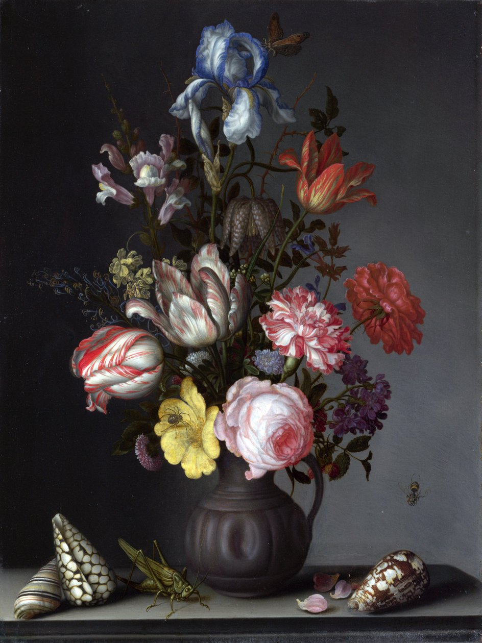Blomster i en vase med skaller og insekter af Balthasar van der Ast