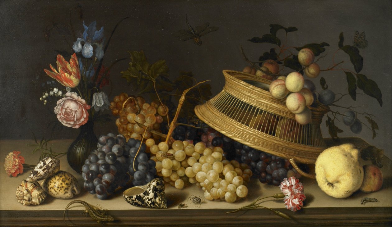 Stilleben af blomster, frugt, skaller og insekter af Balthasar van der Ast