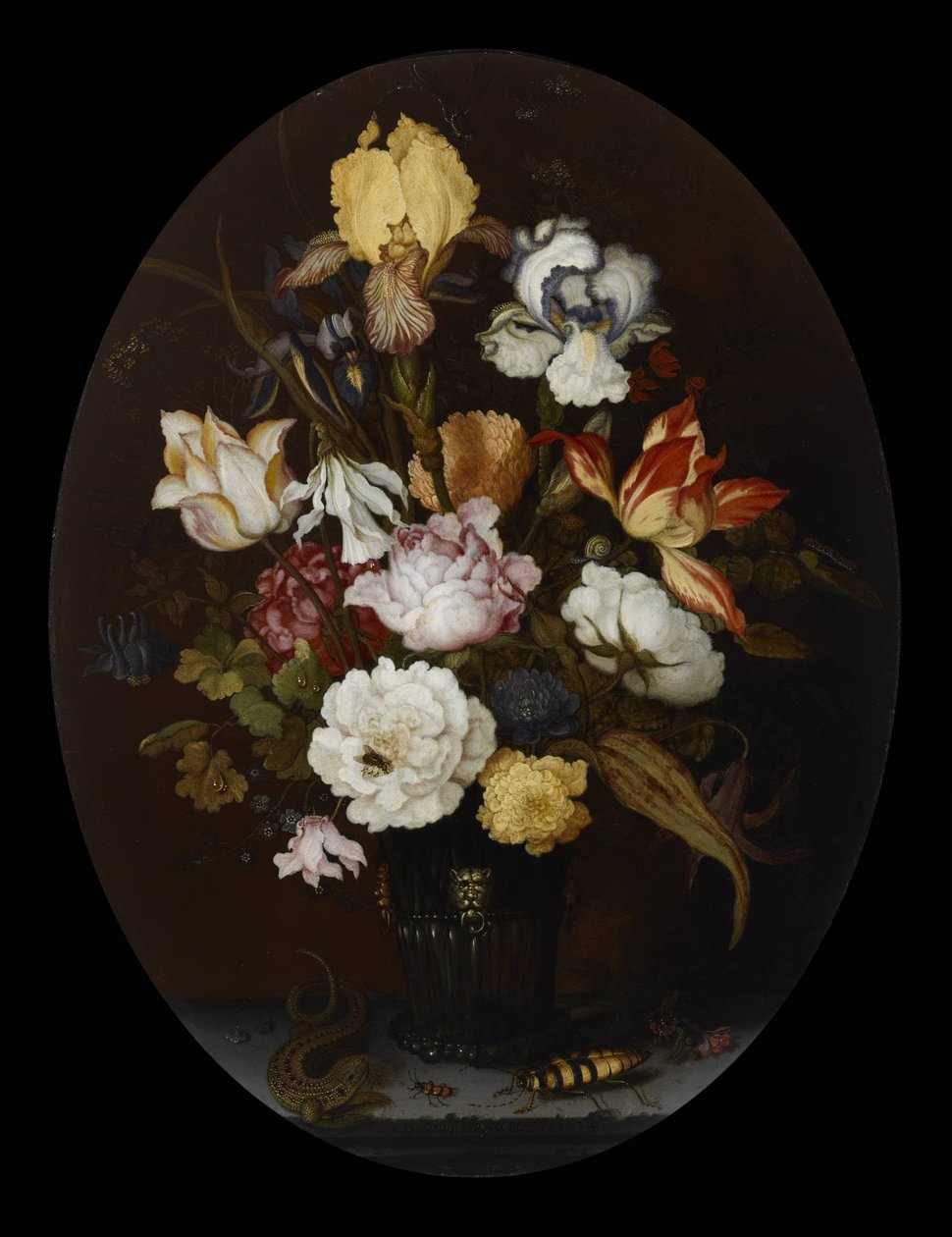 Stilleben af blomster i en glasvase af Balthasar van der Ast