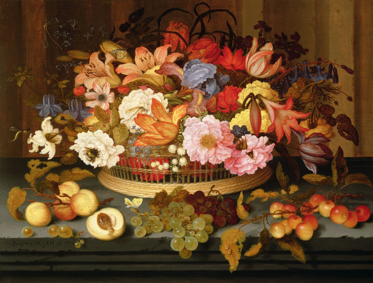 Stilleben af frugt og en kurv med blomster, 1623 af Balthasar van der Ast