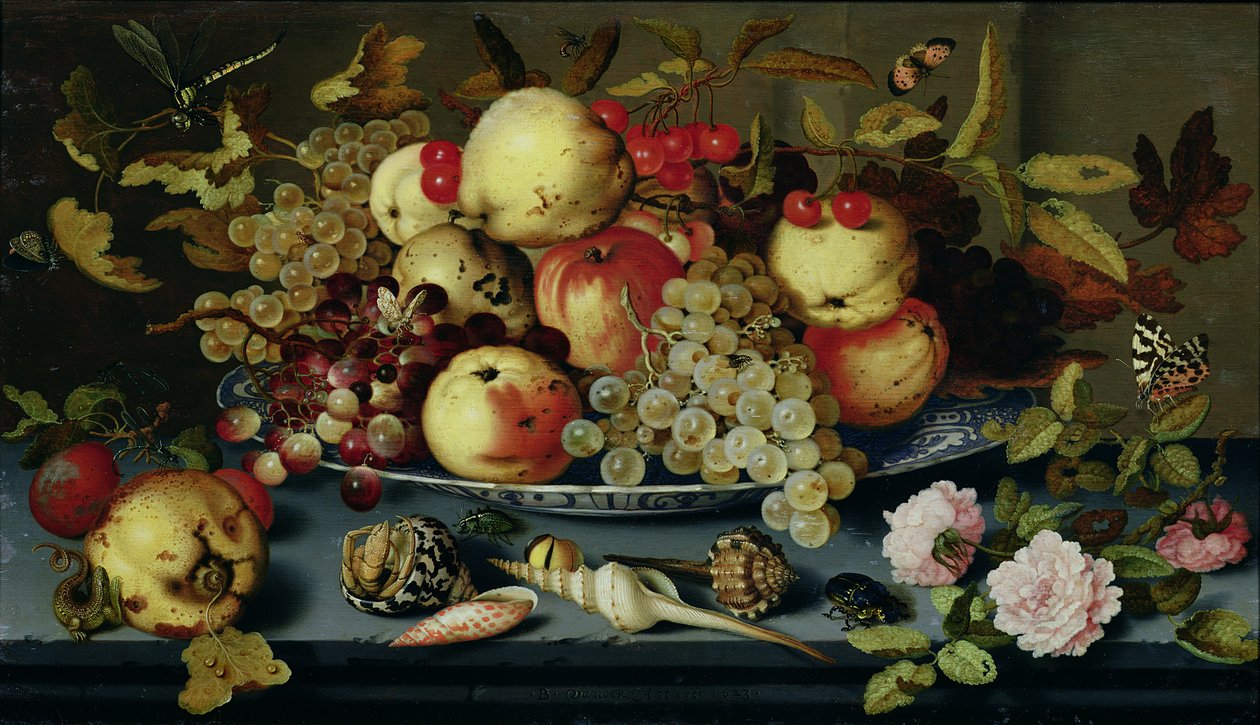 Stilleben med frugt, blomster og skaldyr af Balthasar van der Ast