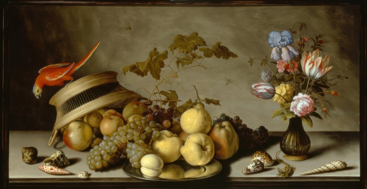 Stilleben med pærer, ferskner, æbler på tinplade af Balthasar van der Ast