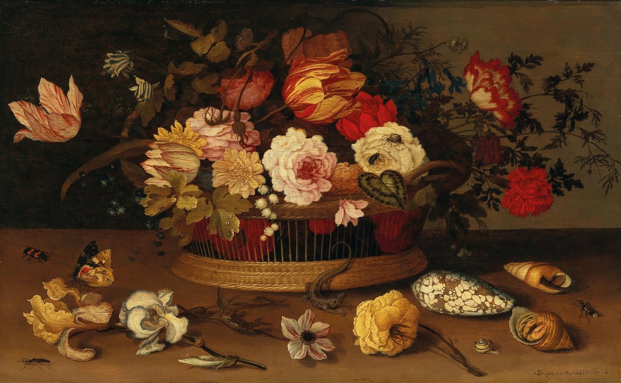 En flettet kurv med blomster og skaller på en stenkant. af Balthasar van der Ast