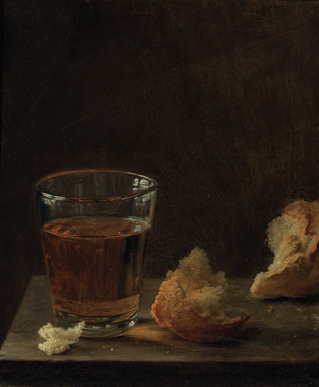 Et glas øl og en rundstykke på et bord af Balthasar Denner