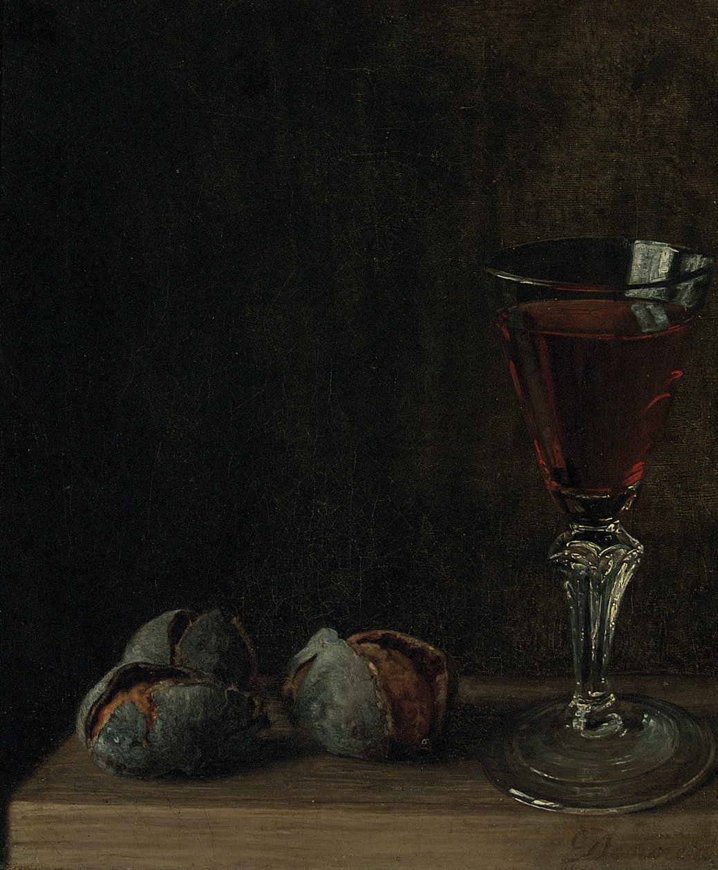 Et glas vin med valnødder på et bord af Balthasar Denner