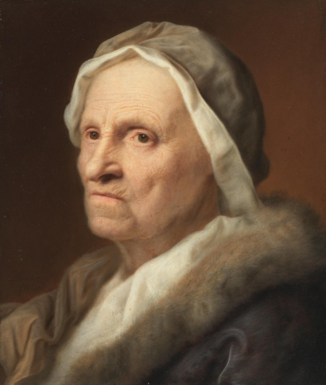 Portræt af en gammel kvinde i pels af Balthasar Denner