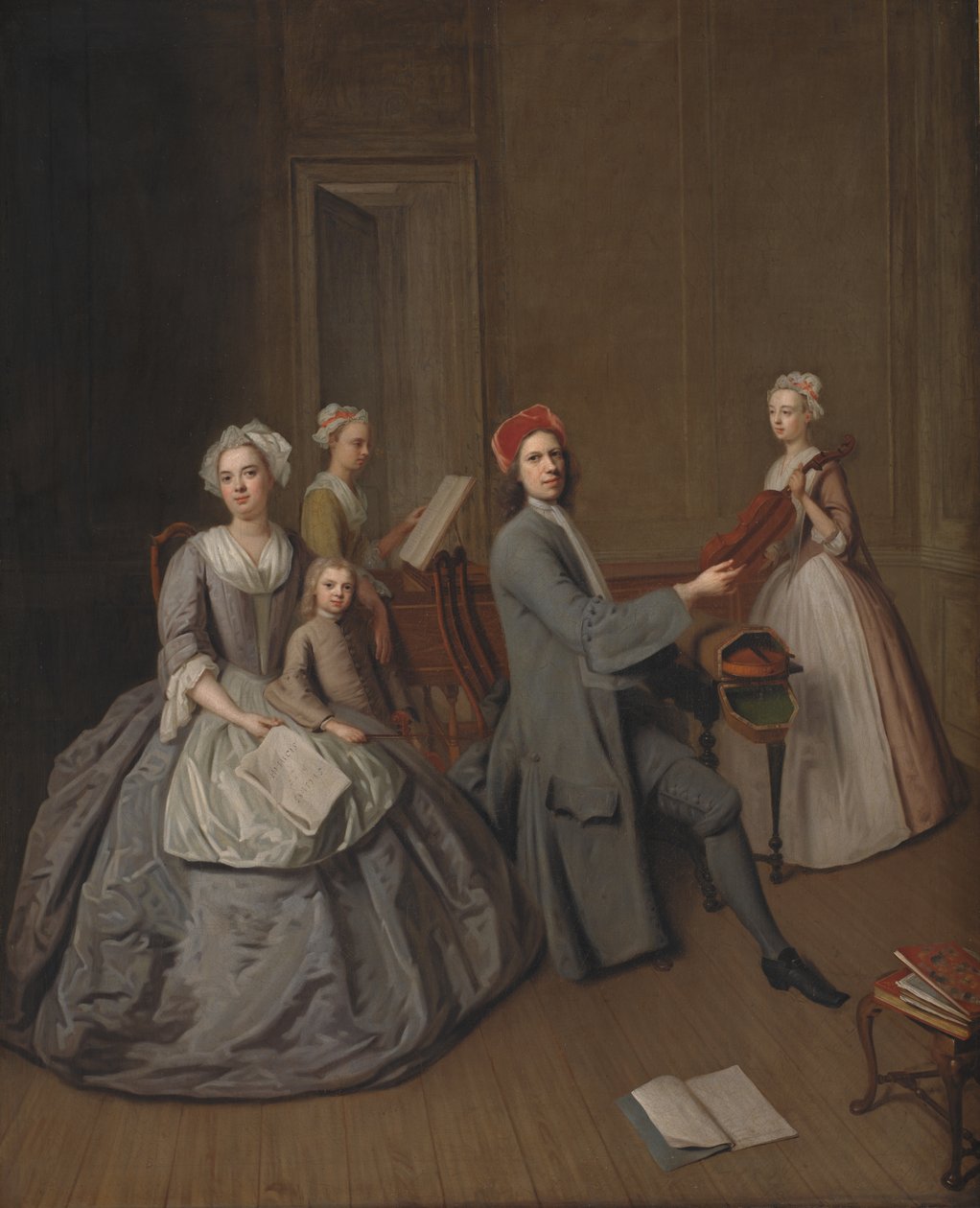 Dansk:  Kunstneren og hans familie laver musik sammen Kunstnerens familie laver musik sammen af Balthasar Denner