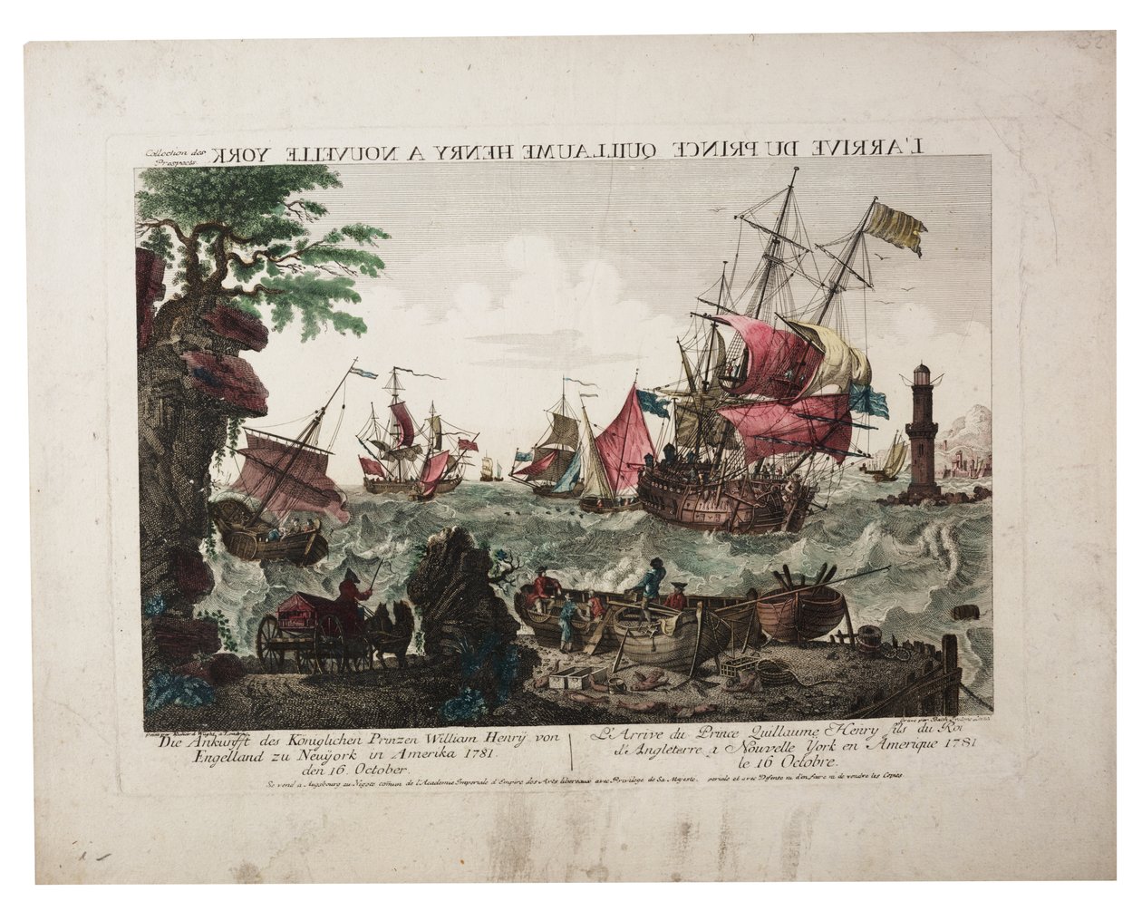 Prins William Henrys ankomst til New York, ca. 1781 (håndkoloreret stik) af Balthasar Friedrich Leizel