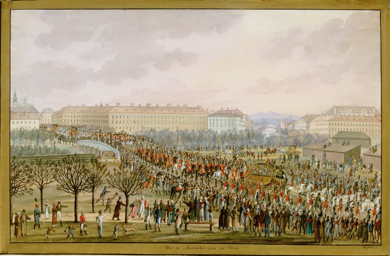 Kejserinde Karoline Augusta, fjerde hustru til kejser Franz I, ankommer til Wien den 10. november ... (gouache) af Balthasar Wigand